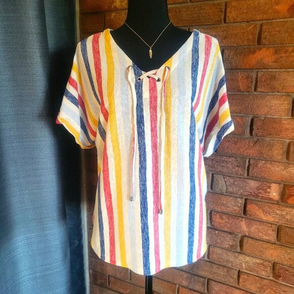 Rafaella Women's Multi-Colored Striped V-Neck Lace Tie Front - Size L - Picture 1 of 7
